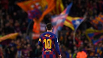 TOPSHOT - Barcelona's Argentine forward Lionel Messi celebrates after scoring during the Spanish league football match between FC Barcelona and RC Celta de Vigo at the Camp Nou stadium in Barcelona on November 9, 2019. (Photo by Josep LAGO / AFP) (Photo by JOSEP LAGO/AFP via Getty Images)