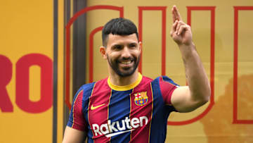 Sergio Aguero reacts as he is presented as a Barcelona player at the Camp Nou. (Photo by David Ramos/Getty Images)