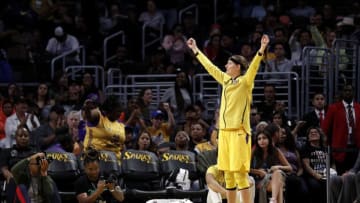 LOS ANGELES, CALIFORNIA - SEPTEMBER 05: Guard Sydney Wiese #24 of the Los Angeles Sparks reacts in the game against the Seattle Storm at Staples Center on September 05, 2019 in Los Angeles, California. NOTE TO USER: User expressly acknowledges and agrees that, by downloading and or using this photograph, User is consenting to the terms and conditions of the Getty Images License Agreement. (Photo by Meg Oliphant/Getty Images)