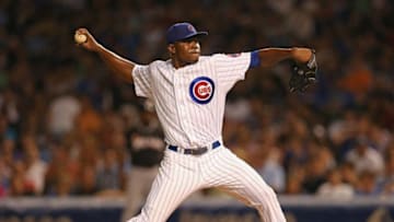 Rafael Dolis #48 of the Chicago Cubs pitches against the Miami Marlins at Wrigley Field. (Photo by Jonathan Daniel/Getty Images)