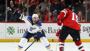 NEWARK, NJ - MARCH 30: Robert Bortuzzo #41 of the St. Louis Blues defends during an NHL hockey game against the New Jersey Devils at the Prudential Center in Newark, New Jersey. Blues won 3-2. (Photo by Paul Bereswill/Getty Images)