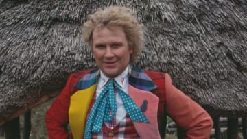 English actor Colin Baker pictured in character as The Doctor on location during filming of the BBC television science fiction series Doctor Who in England in 1984. (Photo by Larry Ellis Collection/Getty Images)