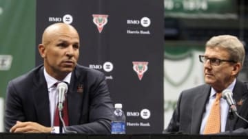 Jul 2, 2014; Milwaukee, WI, USA; Milwaukee Bucks new head coach Jason Kidd speaks to the press as general manager John Hammond listens during a news conference at the BMO Harris Bradley Center. Mandatory Credit: Mary Langenfeld-USA TODAY Sports