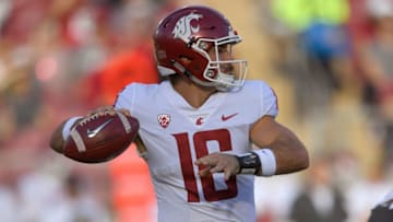 PALO ALTO, CA - OCTOBER 27: Gardner Minshew #16 of the Washington State Cougars looks to pass against the Stanford Cardinal during the first half of their NCAA football game at Stanford Stadium on October 27, 2018 in Palo Alto, California. (Photo by Thearon W. Henderson/Getty Images)