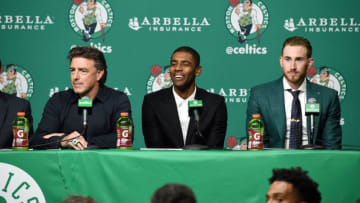 BOSTON, MA - SEPTEMBER 1: Kyrie Irving and Gordon Hayward get introduced as Boston Celtics on September 1, 2017 at the TD Garden in Boston, Massachusetts. NOTE TO USER: User expressly acknowledges and agrees that, by downloading and or using this photograph, User is consenting to the terms and conditions of the Getty Images License Agreement. Mandatory Copyright Notice: Copyright 2017 NBAE (Photo by Brian Babineau/NBAE via Getty Images)