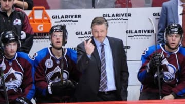 Nov 5, 2015; Glendale, AZ, USA; Colorado Avalanche head coach Patrick Roy (C) reacts after losing a coaches challenge in the second period against the Arizona Coyotes at Gila River Arena. Mandatory Credit: Matt Kartozian-USA TODAY Sports