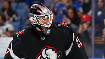 BUFFALO, NY - APRIL 13: Devon Levi #27 of the Buffalo Sabres before the game against the Ottawa Senators at KeyBank Center on April 13, 2023 in Buffalo, New York. (Photo by Kevin Hoffman/Getty Images)