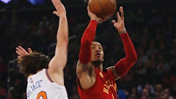Apr 3, 2016; New York, NY, USA; Indiana Pacers guard Joe Young (1) drives to the basket against New York Knicks guard Sasha Vujacic (18) during first half at Madison Square Garden. Mandatory Credit: Noah K. Murray-USA TODAY Sports