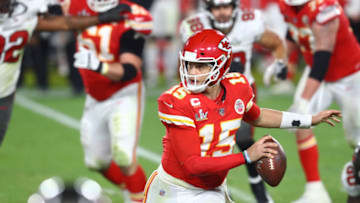 Feb 4, 2020; Tampa, FL, USA; Kansas City Chiefs quarterback Patrick Mahomes (15) against the Tampa Bay Buccaneers in Super Bowl LV at Raymond James Stadium. Mandatory Credit: Mark J. Rebilas-USA TODAY Sports