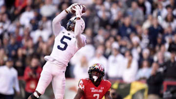 COLLEGE PARK, MARYLAND - NOVEMBER 06: Jahan Dotson #5 of the Penn State Nittany Lions scores a touchdown in the third quarter against Jakorian Bennett #2 of the Maryland Terrapins at Capital One Field at Maryland Stadium on November 06, 2021 in College Park, Maryland. (Photo by Greg Fiume/Getty Images)