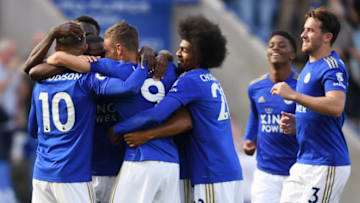 LEICESTER, ENGLAND - AUGUST 31: Jamie Vardy of Leicester City celebrates with teammates after scoring his team's third goal during the Premier League match between Leicester City and AFC Bournemouth at The King Power Stadium on August 31, 2019 in Leicester, United Kingdom. (Photo by Ross Kinnaird/Getty Images)