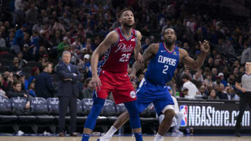 Ben Simmons, #25, Philadelphia 76ers, Kawhi Leonard, #2, Los Angeles Clippers, (Photo by Mitchell Leff/Getty Images)
