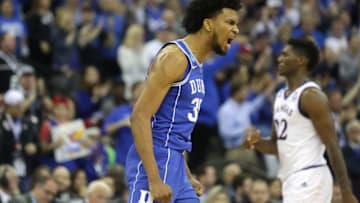 OMAHA, NE - MARCH 25: Marvin Bagley III #35 of the Duke Blue Devils celebrates a three point basket against the Kansas Jayhawks during the second half in the 2018 NCAA Men's Basketball Tournament Midwest Regional at CenturyLink Center on March 25, 2018 in Omaha, Nebraska. (Photo by Streeter Lecka/Getty Images)