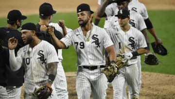 CHICAGO, ILLINOIS - SEPTEMBER 26: Jose Abreu #79 of the Chicago White Sox celebrates with teammates after the game against the Chicago Cubs at Guaranteed Rate Field on September 26, 2020 in Chicago, Illinois. (Photo by Quinn Harris/Getty Images)