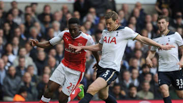 LONDON, ENGLAND - APRIL 30: Danny Welbeck of Arsenal closes down Jan Vertonghen of Tottenham during the Premier League match between Tottenham Hotspur and Arsenal at White Hart Lane on April 30, 2017 in London, England. (Photo by David Price/Arsenal FC via Getty Images)
