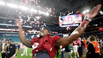 MIAMI, FL - DECEMBER 29: Damien Harris #34 of the Alabama Crimson Tide celebrates the win over the Oklahoma Sooners during the College Football Playoff Semifinal at the Capital One Orange Bowl at Hard Rock Stadium on December 29, 2018 in Miami, Florida. (Photo by Streeter Lecka/Getty Images)