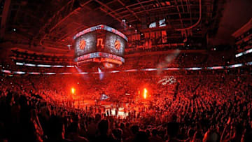 May 27, 2016; Toronto, Ontario, CAN; Fire shoots up from the basket arms during player introductions prior to the Toronto Raptors hosting Cleveland Cavaliers in game six of the Eastern conference finals of the NBA Playoffs at Air Canada Centre.The Cavaliers won 113-87. Mandatory Credit: Dan Hamilton-USA TODAY Sports