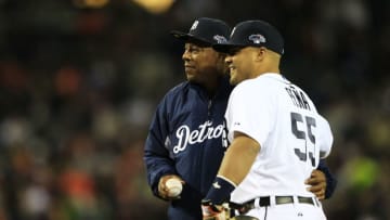 DETROIT, MI - OCTOBER 16: Brayan Pena #55 of the Detroit Tigers embraces former Tiger Lou Whitaker during pre-race ceremonies for Game Four of the American League Championship Series against the Boston Red Sox at Comerica Park on October 16, 2013 in Detroit, Michigan. (Photo by Jamie Squire/Getty Images)