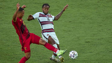 SEVILLE, SPAIN - JUNE 27: Youri Tielemans of Belgium battle for the ball with Renato Sanches of Portugal during the UEFA Euro 2020 Championship Round of 16 match between Belgium and Portugal at Estadio La Cartuja on June 27, 2021 in Seville, Spain. (Photo by Diego Souto/Quality Sport Images/Getty Images)
