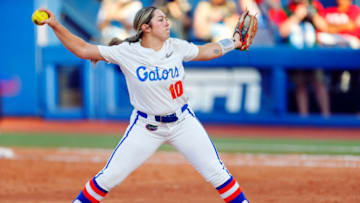 OKLAHOMA CITY, OK - JUNE 4: Starting pitcher Natalie Lugo #10 of the Florida Gators throws against the Oklahoma State Cowboys during the NCAA Women's College World Series at the USA Softball Hall of Fame Complex on June 4, 2022 in Oklahoma City, Oklahoma. Oklahoma State won 2-0. (Photo by Brian Bahr/Getty Images)