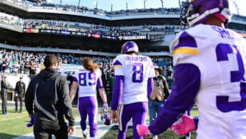 Oct 23, 2016; Philadelphia, PA, USA; Minnesota Vikings quarterback Sam Bradford (8) walks off the field after loss to Philadelphia Eagles at Lincoln Financial Field. The Eagles defeated the Vikings, 21-10. Mandatory Credit: Eric Hartline-USA TODAY Sports
