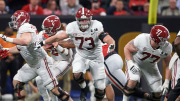 ATLANTA, GA - JANUARY 08: Alabama Crimson Tide offensive lineman Jonah Williams (73) looks to make a block during the College Football Playoff National Championship Game between the Alabama Crimson Tide and the Georgia Bulldogs on January 8, 2018 at Mercedes-Benz Stadium in Atlanta, GA. (Photo by Robin Alam/Icon Sportswire via Getty Images)