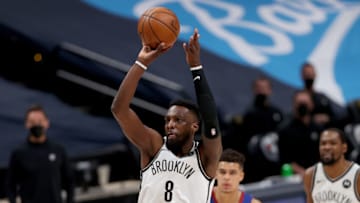 DENVER, COLORADO - MAY 08: Jeff Green #8 of the Brooklyn Nets puts up a shot against the Denver Nuggets in the fourth quarter at Ball Arena on May 08, 2021 in Denver, Colorado. NOTE TO USER: User expressly acknowledges and agrees that, by downloading and or using this photograph, User is consenting to the terms and conditions of the Getty Images License Agreement. (Photo by Matthew Stockman/Getty Images)