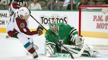 Oct 5, 2016; Dallas, TX, USA; Dallas Stars goalie Kari Lehtonen (32) makes a save on a shot by Colorado Avalanche defenseman Erik Johnson (6) during the first period at the American Airlines Center. Mandatory Credit: Jerome Miron-USA TODAY Sports