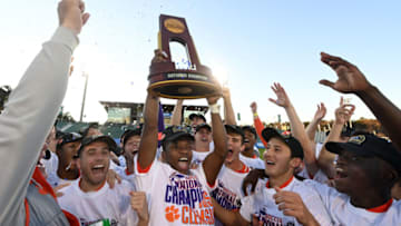 Dec 12, 2021; Cary, NC, USA; Clemson players celebrate after winning the National Championship at WakeMed Soccer Park. Clemson defeated Washington 2-0. Mandatory Credit: Bob Donnan-USA TODAY Sports