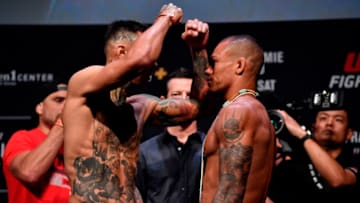 SACRAMENTO, CALIFORNIA - JULY 12: (L-R) Andre Fili and Sheymon Moraes of Brazil face off during the UFC Fight Night weigh-ins at Golden 1 Center on July 12, 2019 in Sacramento, California. (Photo by Jeff Bottari/Zuffa LLC/Zuffa LLC via Getty Images)