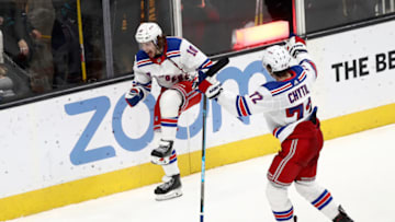 Artemi Panarin #10 of the New York Rangers and Filip Chytil #72 celebrate