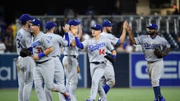 SAN DIEGO, CA - JULY 9: Los Angeles Dodgers players celebrate after beating the San Diego Padres 8-2 in a baseball game at PETCO Park on July 9, 2018 in San Diego, California. (Photo by Denis Poroy/Getty Images)