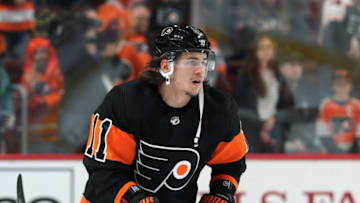 PHILADELPHIA, PA - MARCH 31: Travis Konecny #11 of the Philadelphia Flyers warms up against the New York Rangers on March 31, 2019 at the Wells Fargo Center in Philadelphia, Pennsylvania. (Photo by Len Redkoles/NHLI via Getty Images)