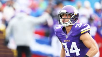 ORCHARD PARK, NY - OCTOBER 19: Andrew Sendejo #34 of the Minnesota Vikings catches a ball during warmups before the first half against the Buffalo Bills at Ralph Wilson Stadium on October 19, 2014 in Orchard Park, New York. (Photo by Brett Carlsen/Getty Images)