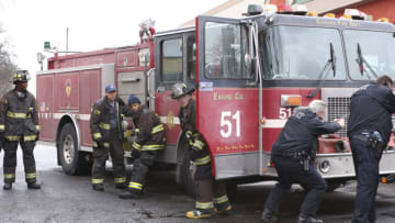 CHICAGO FIRE -- "What's Inside You" Episode 1018 -- Pictured: (l-r) Chris Mansa as Mason, Alberto Rosende as Blake Gallo, Daniel Kyri as Darren Ritter, David Eigenberg as Christopher Herrmann -- (Photo by: Adrian S. Burrows Sr./NBC)