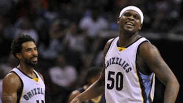 Nov 2, 2016; Memphis, TN, USA; Memphis Grizzlies forward Zach Randolph (50) and Memphis Grizzlies guard Mike Conley (11) react after the play against the New Orleans Pelicans during the second half at FedExForum. Memphis Grizzlies beats the New Orleans Pelicans in overtime 93-89. Mandatory Credit: Justin Ford-USA TODAY Sports
