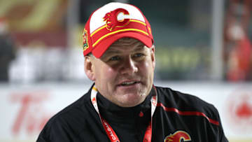 REGINA, SASKATCHEWAN - OCTOBER 25: Head coach Bill Peters of the Calgary Flames looks on during practice prior to the 2019 Tim Hortons NHL Heritage Classic at Mosaic Stadium on October 25, 2019 in Regina, Canada. The Calgary Flames and the Winnipeg Jets will face-off in the Heritage Classic on the 26th. (Photo by Dave Sandford/NHLI via Getty Images)