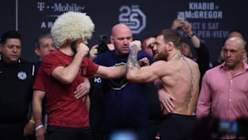 Las Vegas , United States - 5 October 2018; Conor McGregor, right, and Khabib Nurmagomedov are kept apart by UFC President Dana White after weighing in for UFC 229 at T-Mobile Arena in Las Vegas, Nevada, United States. (Photo By Stephen McCarthy/Sportsfile via Getty Images)