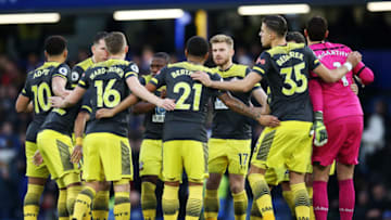 LONDON, ENGLAND - DECEMBER 26: The Southampton players huddle prior to the Premier League match between Chelsea FC and Southampton FC at Stamford Bridge on December 26, 2019 in London, United Kingdom. (Photo by Steve Bardens/Getty Images)