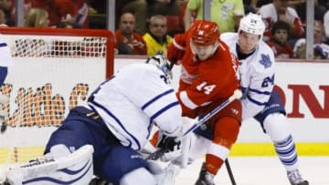 Dec 10, 2014; Detroit, MI, USA; Detroit Red Wings center Gustav Nyquist (14) tries to score on Toronto Maple Leafs goalie James Reimer (34) defended by center Peter Holland (24) in the third period at Joe Louis Arena. Toronto won 2-1 in overtime. Mandatory Credit: Rick Osentoski-USA TODAY Sports