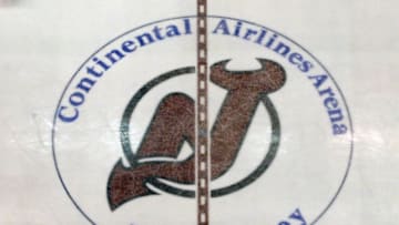 EAST RUTHERFORD, NJ - MAY 5: Overhead view of the logo of the New Jersey Devils and Continental Airlines Arena prior to Game five of the 2007 Eastern Conference Semifinals between the Ottawa Senators and the New Jersey Devils at the Continental Airlines Arena on May 5, 2007 in East Rutherford, New Jersey. The game was the last played in the arena as the team will move to the Prudential Center in Newark, New Jersey next season after 25 seasons in East Rutherford. The Senators won the game 3-2 and the series 4-1. (Photo by Andy Marlin/AM Photography/Getty Images)