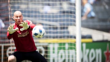 BRONX, NY - JUNE 09: Goalkeeper Brad Guzan #1 of Atlanta United keeps his focus to stop the ball during warm ups prior to the MLS match between New York City FC and Atlanta United FC at Yankee Stadium on June 09, 2018 in the Bronx borough of New York. The match ended in a tie score of 1 to 1. (Photo by Ira L. Black/Corbis via Getty Images)