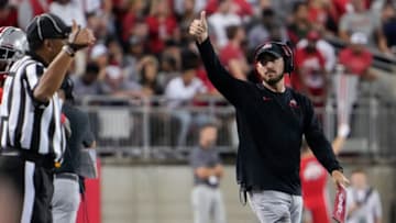 Sep 3, 2022; Columbus, Ohio, USA; Ohio State Buckeyes special teams coordinator Parker Fleming gives a thumbs up during the NCAA football game against the Notre Dame Fighting Irish at Ohio Stadium. Mandatory Credit: Adam Cairns-USA TODAY Sports