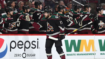 GLENDALE, AZ - APRIL 06: Alex Galchenyuk #17 of the Arizona Coyotes is congratulated by teammates after scoring a goal against the Winnipeg Jets during the first period at Gila River Arena on April 6, 2019 in Glendale, Arizona. (Photo by Norm Hall/NHLI via Getty Images)