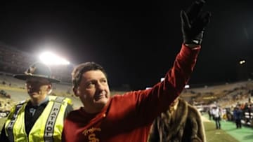 Nov 23, 2013; Boulder, CO, USA; Southern California Trojans interim head coach Ed Orgeron reacts following the win over the Colorado Buffaloes at Folsom Field. The Trojans defeated the Buffaloes 47-29. Mandatory Credit: Ron Chenoy-USA TODAY Sports
