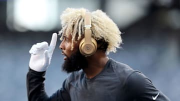 EAST RUTHERFORD, NJ - AUGUST 09: Odell Beckham #13 of the New York Giants watlks by during warm ups before their preseason game against the Cleveland Browns on August 9,2018 at MetLife Stadium in East Rutherford, New Jersey. (Photo by Elsa/Getty Images)