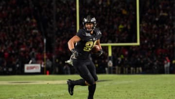 WEST LAFAYETTE, IN - OCTOBER 20: Purdue Boilermakers tight end Brycen Hopkins (89) turns upfield after making a catch during the college football game between the Purdue Boilermakers and Ohio State Buckeyes on October 20, 2018, at Ross-Ade Stadium in West Lafayette, IN. (Photo by Zach Bolinger/Icon Sportswire via Getty Images)