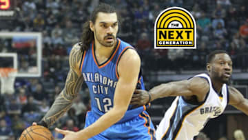 Dec 29, 2016; Memphis, TN, USA; Oklahoma City Thunder center Steven Adams (12) looks to pass in the first quarter as Memphis Grizzlies guard Tony Allen (9) defends at FedExForum. Mandatory Credit: Nelson Chenault-USA TODAY Sports