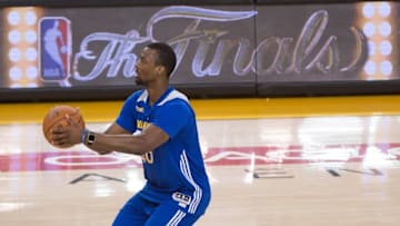 June 1, 2016; Oakland, CA, USA; Golden State Warriors forward Harrison Barnes (40) during NBA Finals media day at Oracle Arena. Mandatory Credit: Kyle Terada-USA TODAY Sports