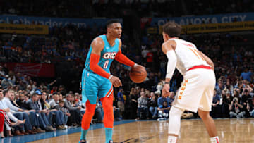 Russell Westbrook against the Atlanta Hawks (Photo by Zach Beeker/NBAE via Getty Images)